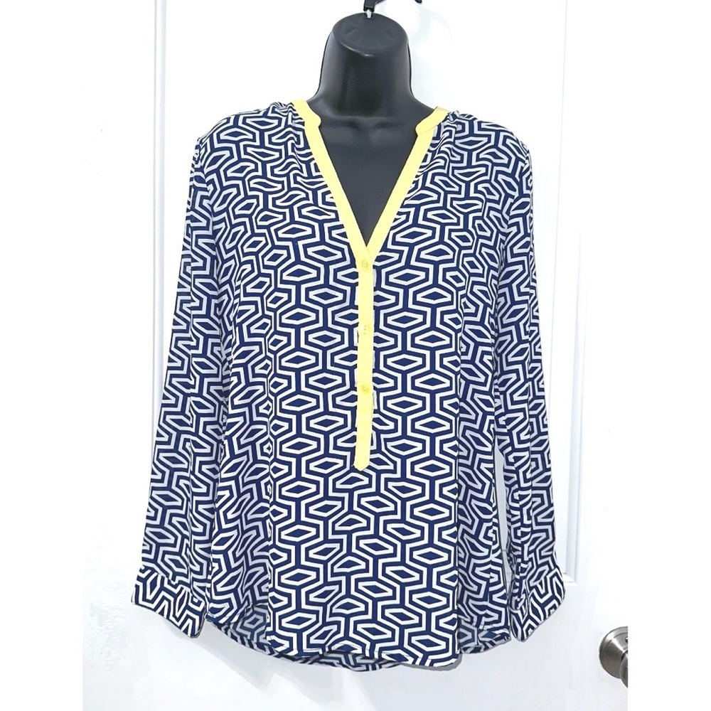 Miami brand navy blue and white geometric print blouse
